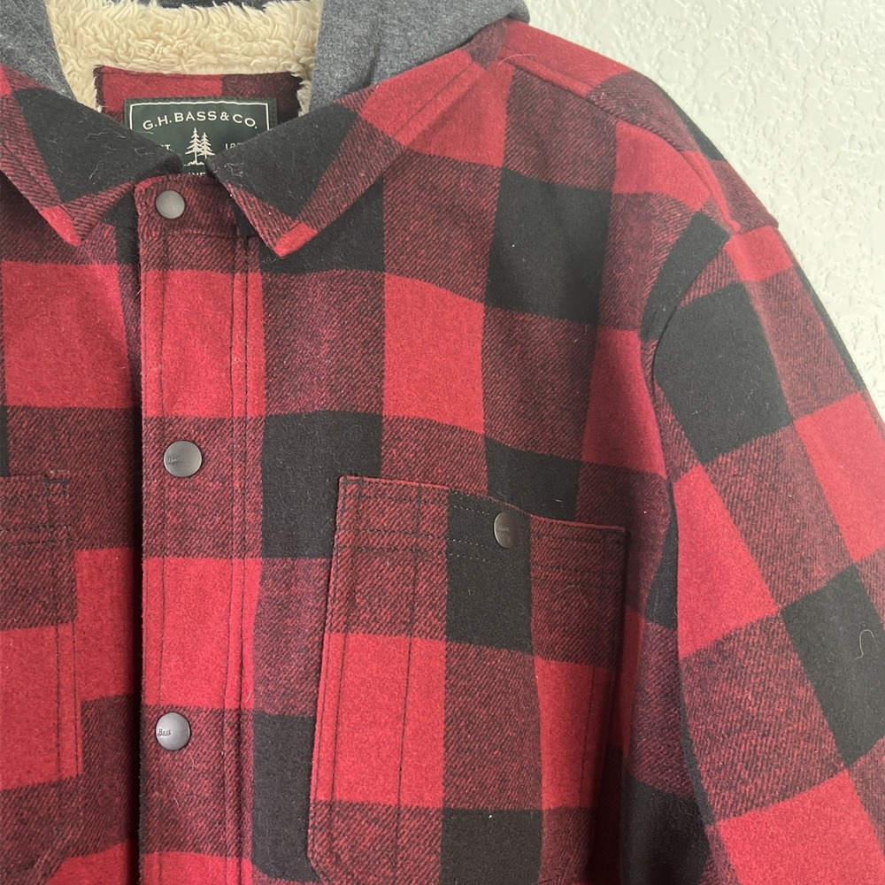 GH Bass Shirt Jacket Mens XXL Red Buffalo Plaid Sherpa Lined Hooded Shacket - Picture 2 of 8